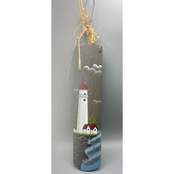 Hand Painted Wooden Lighthouse Coastal Wall Decor With Seagulls & Beach Scene - Picture 1 of 6